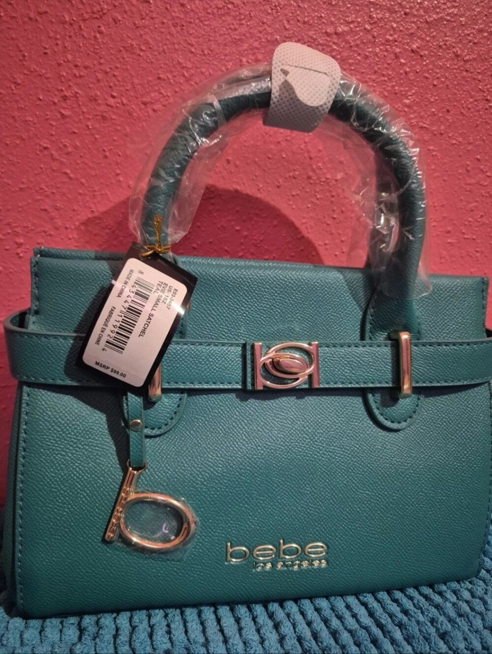 bebe Evie Teal Structured Satchel with Gold Hardware